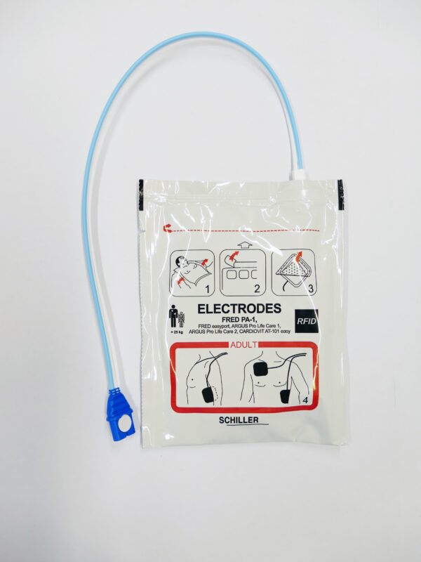 Electrodes de défibrillation adultes pré-connectées avec étiquette RFID